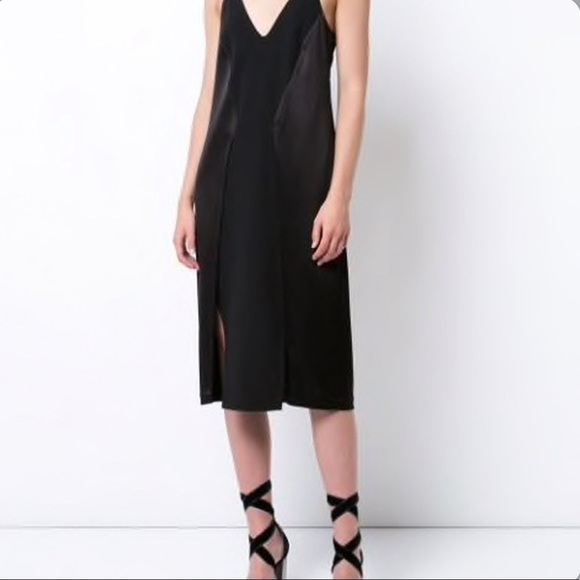 Halston Black Satin Sheer Deep V Neck Slip Dress - Picture 1 of 10